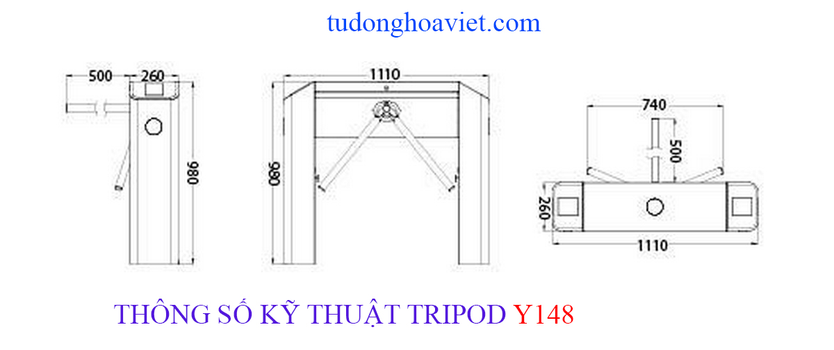Thông số kích thước Cổng xoay 3 càng tripod Y148