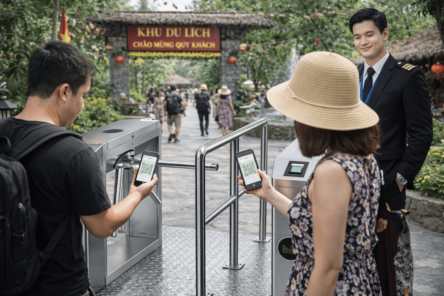 Khách du lịch ccheck vé tại cổng kiểm soát vé để vào