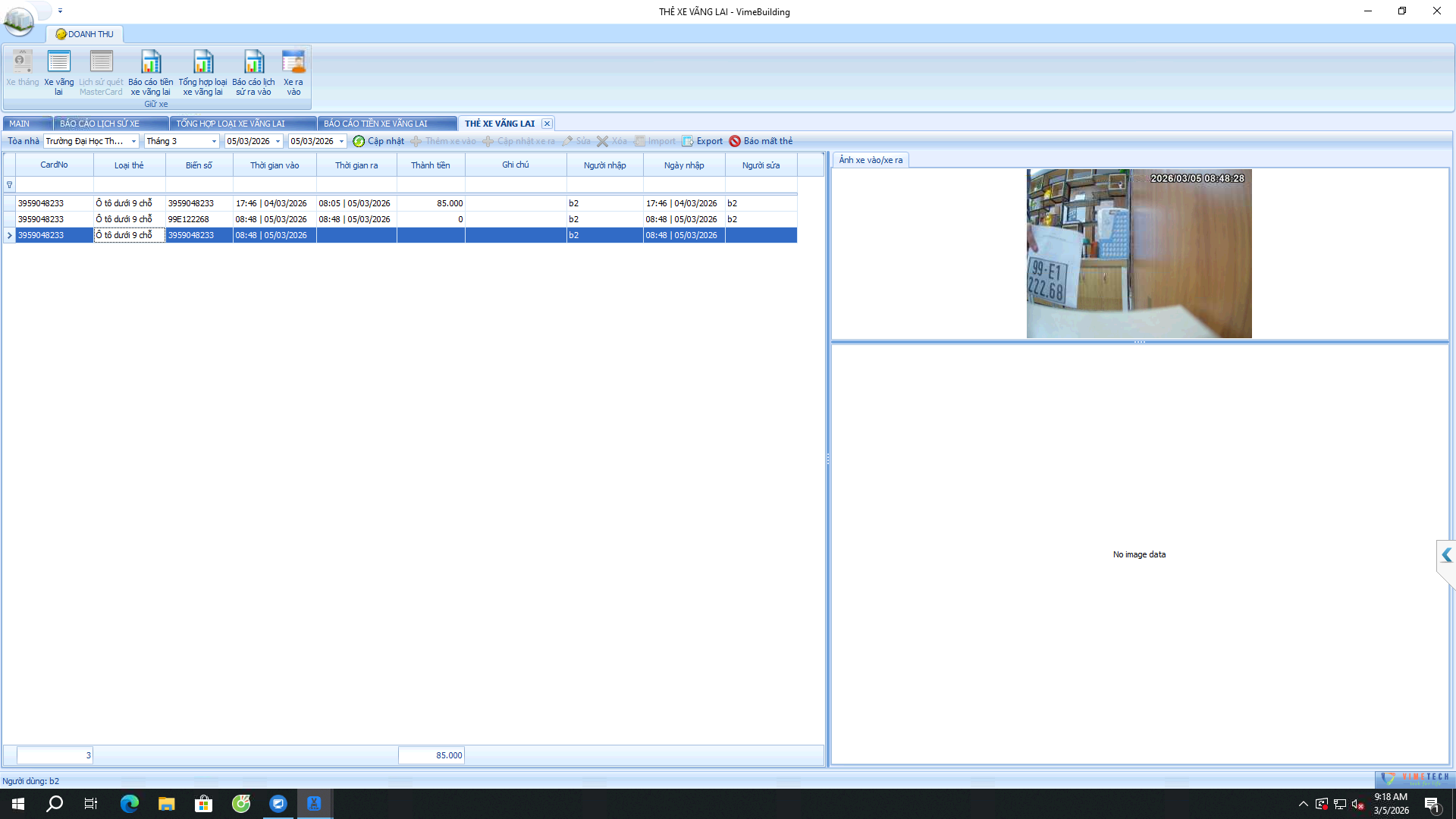 BÁO CÁO XE VÃNG LAI VÀO BÃI XE