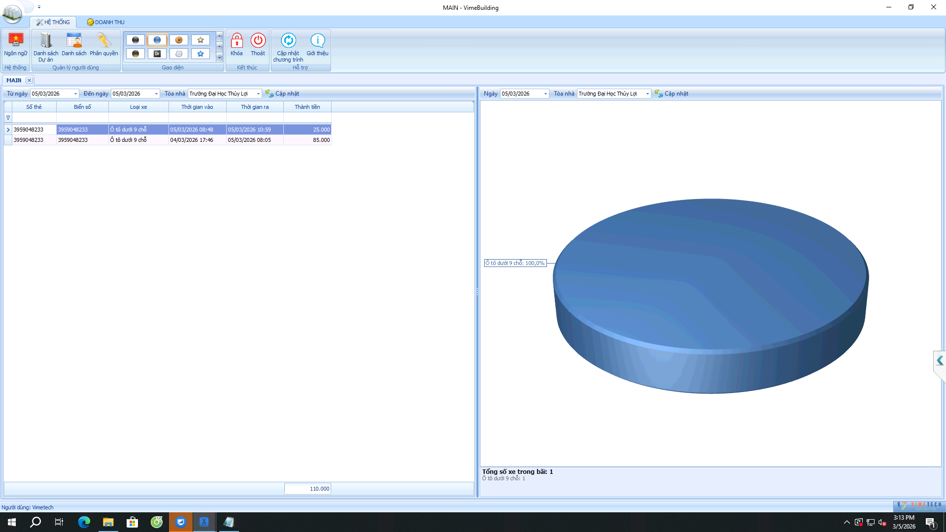 Giao diện phần mềm quản lý bãi xe